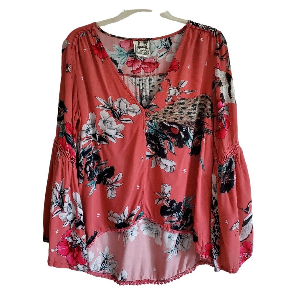 JAASE Floral Top V-Neck Bell Sleeve Hi Lo Hem Boho Oversized‎ Blouse Peacock